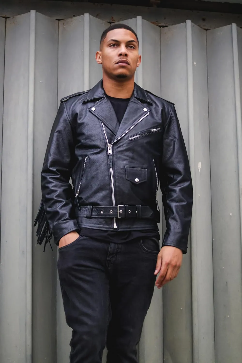 Mens FRINGE Leather Biker Jacket Brando TASSELED Motorcycle Retro Cow Hide