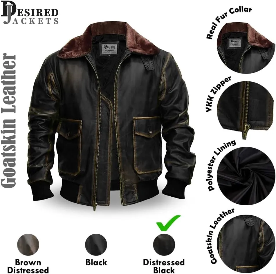 Mens G-1 Fur Collar US Navy Flight Distressed Brown Aviator Genuine Leather Jacket