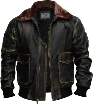 Mens G-1 Fur Collar US Navy Flight Distressed Brown Aviator Genuine Leather Jacket