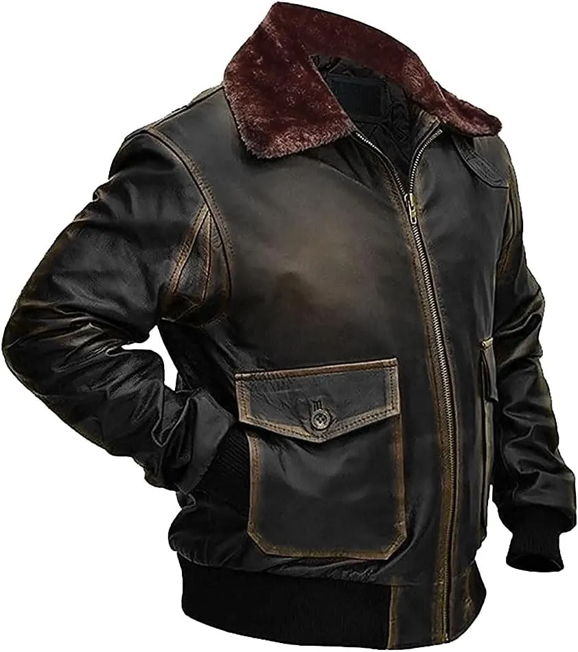 Mens G-1 Fur Collar US Navy Flight Distressed Brown Aviator Genuine Leather Jacket