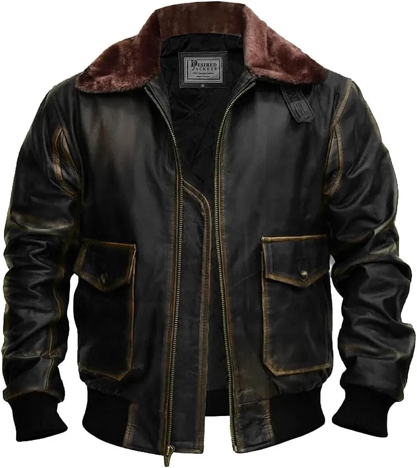 Mens G-1 Fur Collar US Navy Flight Distressed Brown Aviator Genuine Leather Jacket