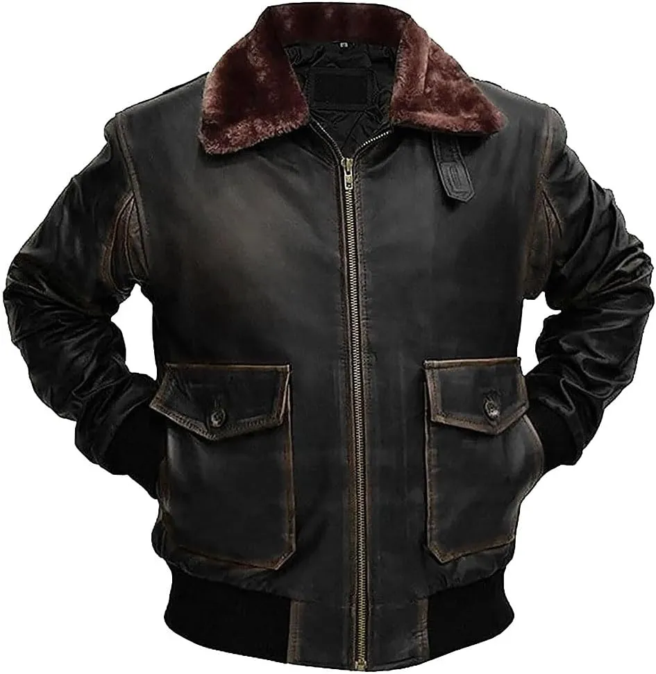 Mens G-1 Fur Collar US Navy Flight Distressed Brown Aviator Genuine Leather Jacket