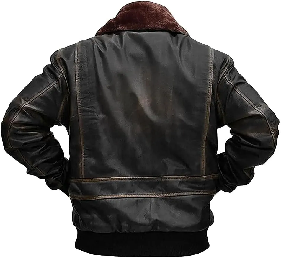 Mens G-1 Fur Collar US Navy Flight Distressed Brown Aviator Genuine Leather Jacket