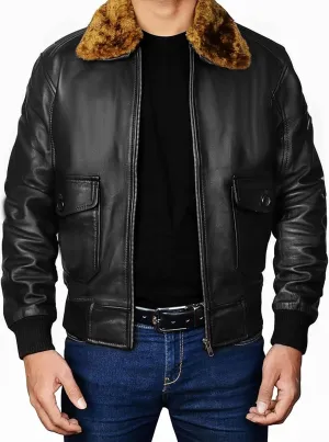 Mens G1 Aviator Pilot Removable Fur Collar Bomber Leather Jacket Black/Brown-Real/Faux