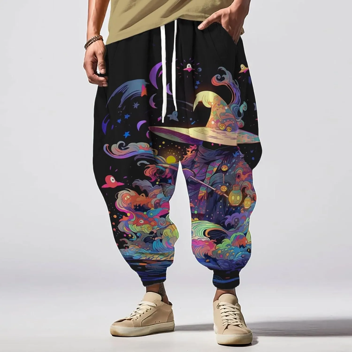 Men's Harem Drawstring Pants Men's Autumn Fun Print Fashion Street Feel Casual Sweatpants Loose Drop Crotch Trousers