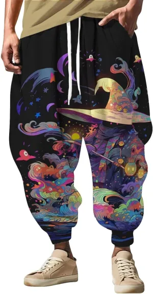 Men's Harem Drawstring Pants Men's Autumn Fun Print Fashion Street Feel Casual Sweatpants Loose Drop Crotch Trousers