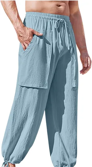 Mens Linen Cargo Pants Casual Drawstring Summer Beach Pants Elastic Waist Yoga Jogger Pants with Pockets