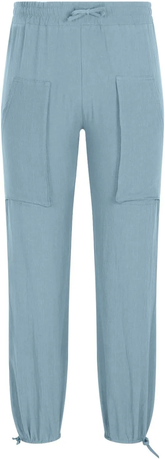 Mens Linen Cargo Pants Casual Drawstring Summer Beach Pants Elastic Waist Yoga Jogger Pants with Pockets