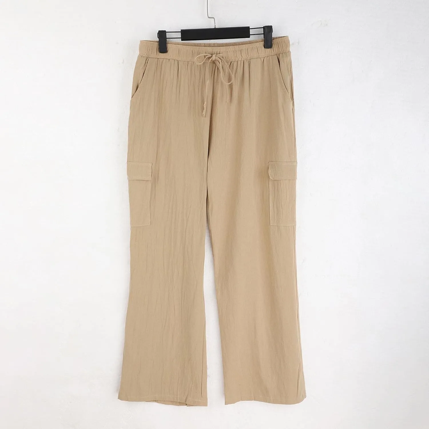 Men's Linen Cargo Pants Solid Casual Lightweight Pant with Multi Pockets Plus Size Drawstring Holiday Streetwear Big and Tall
