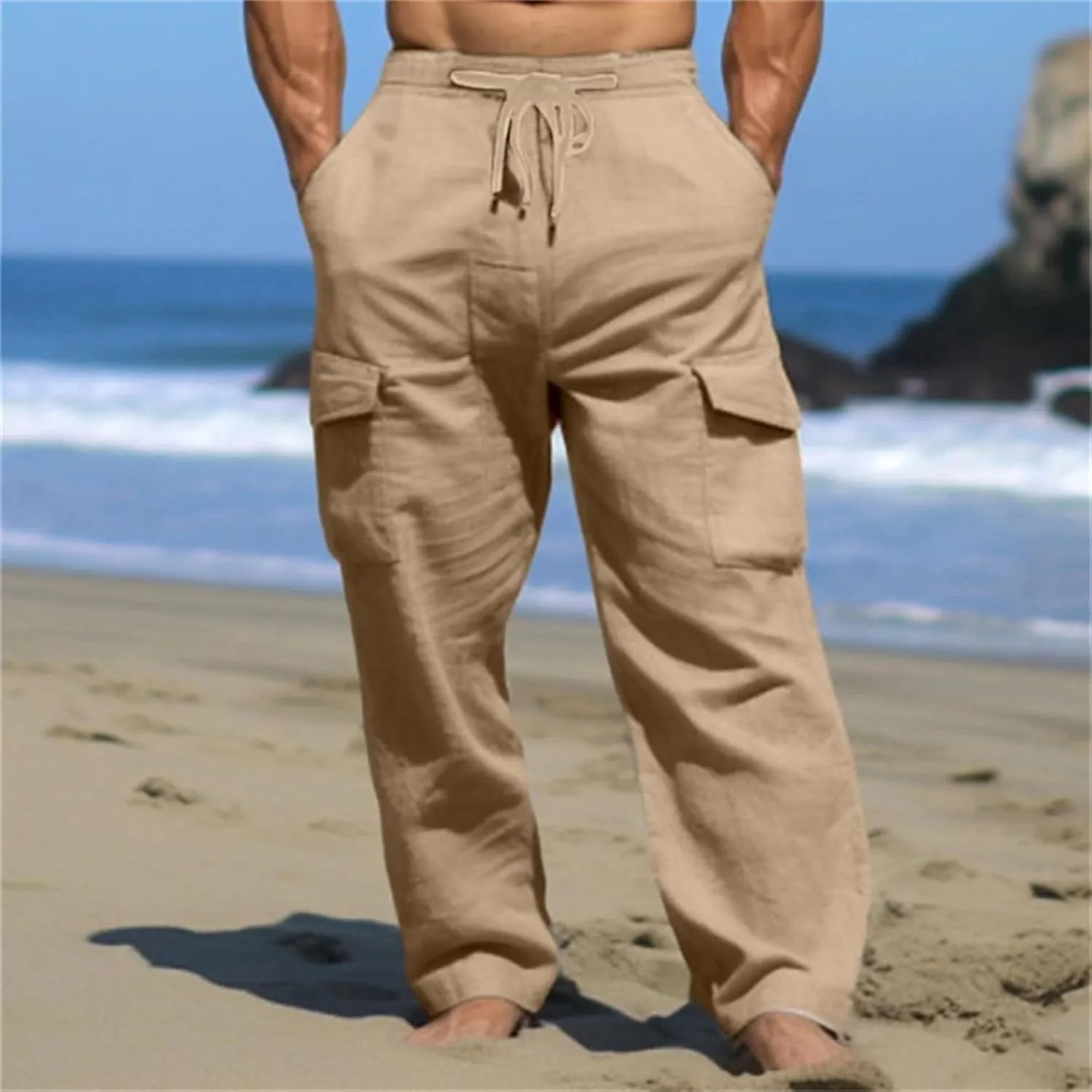 Men's Linen Cargo Pants Solid Casual Lightweight Pant with Multi Pockets Plus Size Drawstring Holiday Streetwear Big and Tall