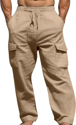 Men's Linen Cargo Pants Solid Casual Lightweight Pant with Multi Pockets Plus Size Drawstring Holiday Streetwear Big and Tall
