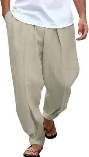 Mens Linen Harem Drawstring Pants, Casual Elastic Waist Lightweight Hippie Loose Wide Leg Pants with Pocket