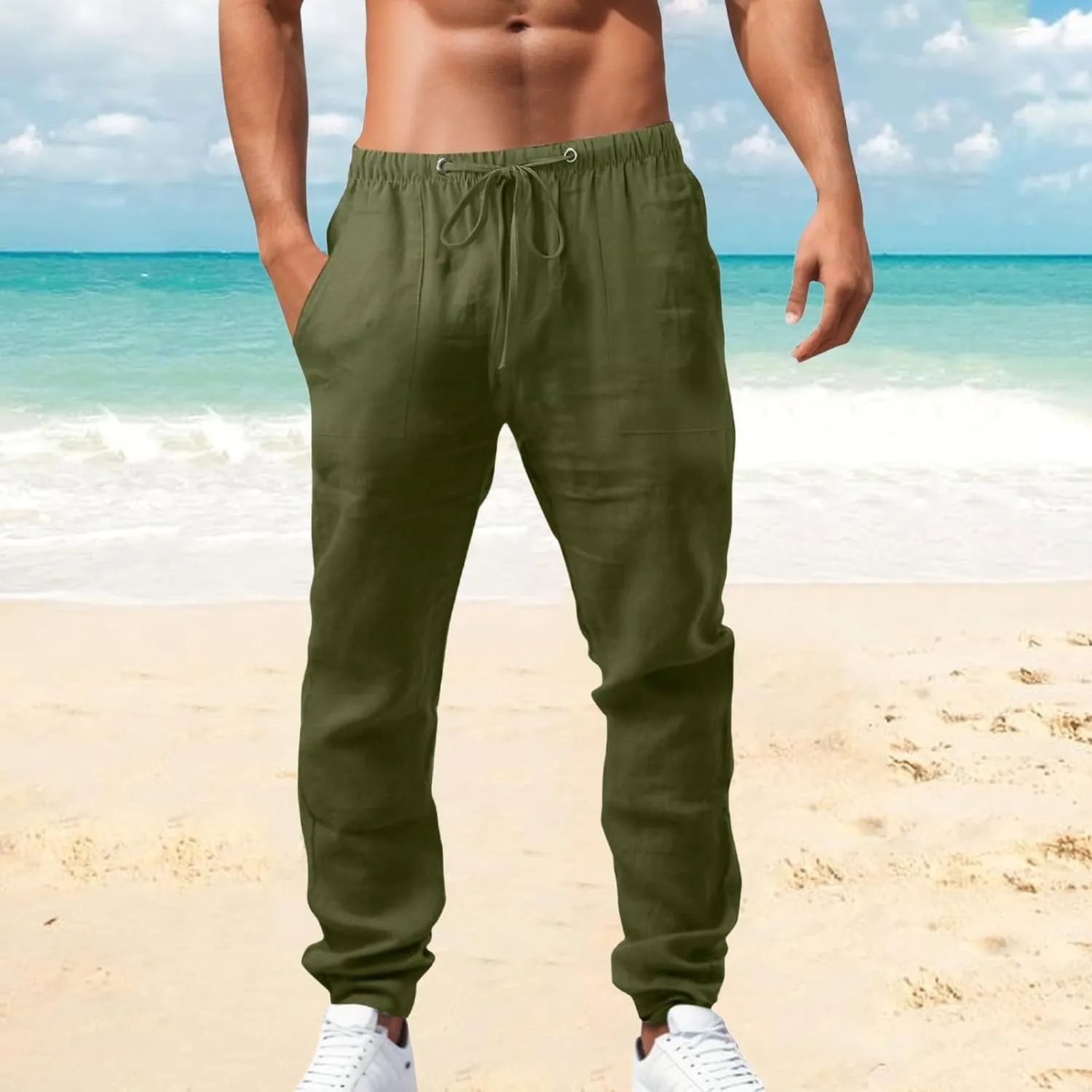 Mens Linen Pants Plus Size Plain Casual Pants Lightweight Vacation Beach Slacks Summer Drawstring Waist Trousers