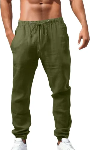 Mens Linen Pants Plus Size Plain Casual Pants Lightweight Vacation Beach Slacks Summer Drawstring Waist Trousers