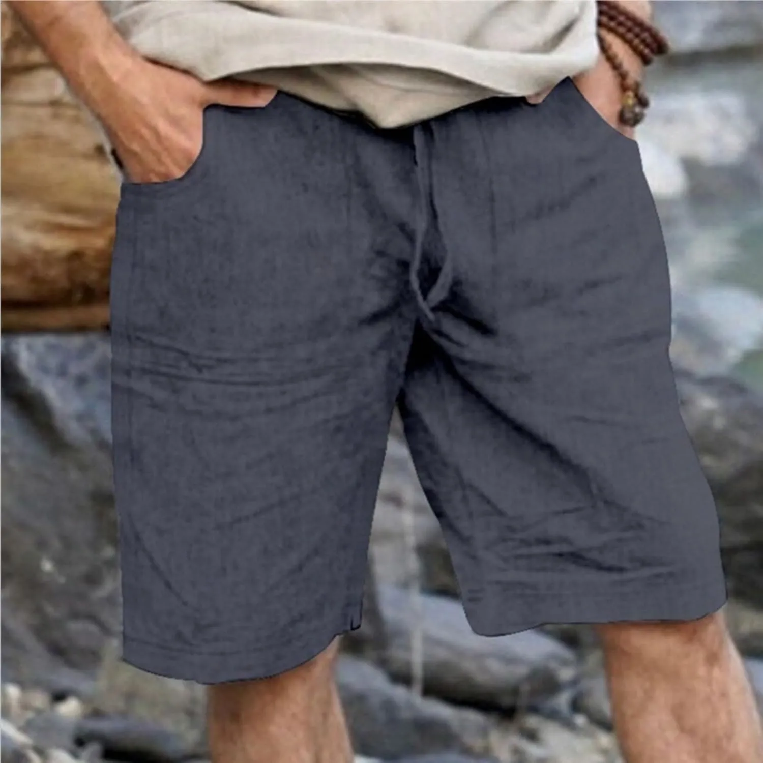 Men's Linen Shorts Summer Cotton Elastic Waist Drawstring Short Casual Beach Outfits with Pockets
