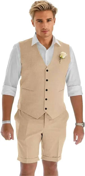 Men's Linen Suit 2 Piece Slim Fit Shorts Suits for Men Casual Summer Beach Wedding Vest Shorts Set