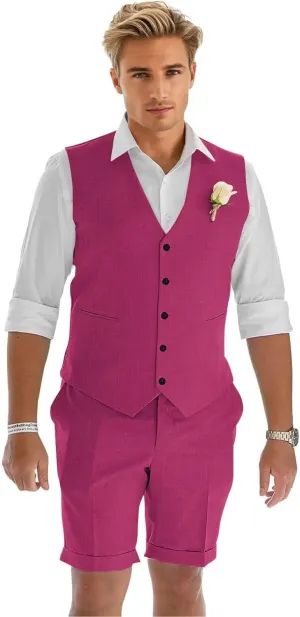 Men's Linen Suit 2 Piece Slim Fit Shorts Suits for Men Casual Summer Beach Wedding Vest Shorts Set
