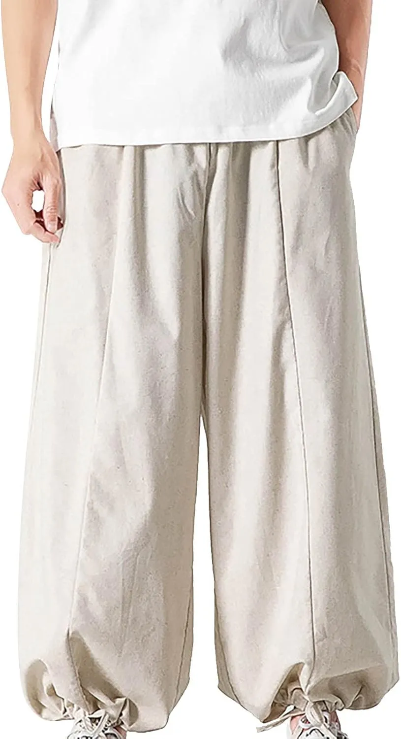 Mens Loose Fit Linen Harem Pants Wide Straight Leg Streetwear Bloomer Pants Summer Beach Yoga Hippie Trousers for Men