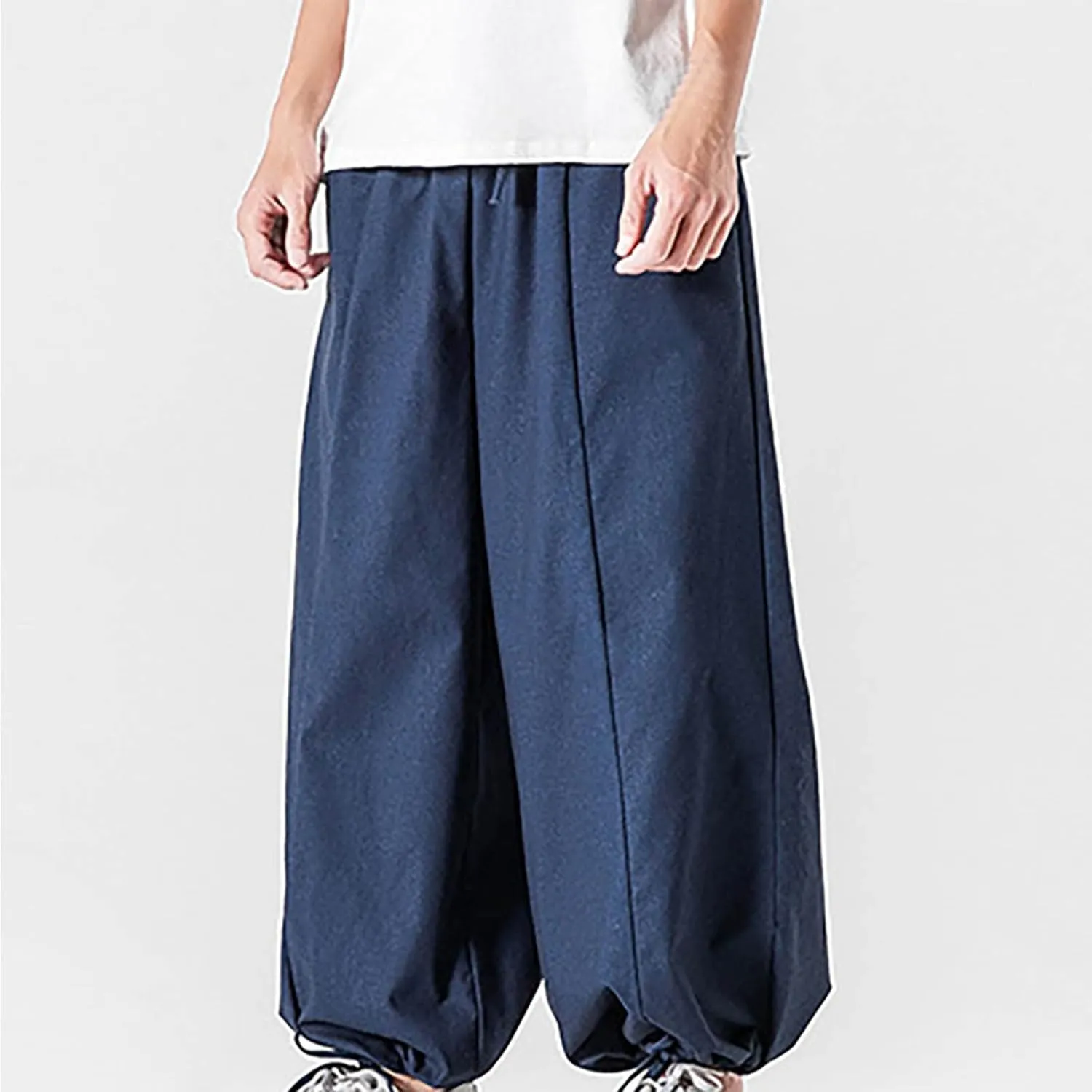 Mens Loose Fit Linen Harem Pants Wide Straight Leg Streetwear Bloomer Pants Summer Beach Yoga Hippie Trousers for Men