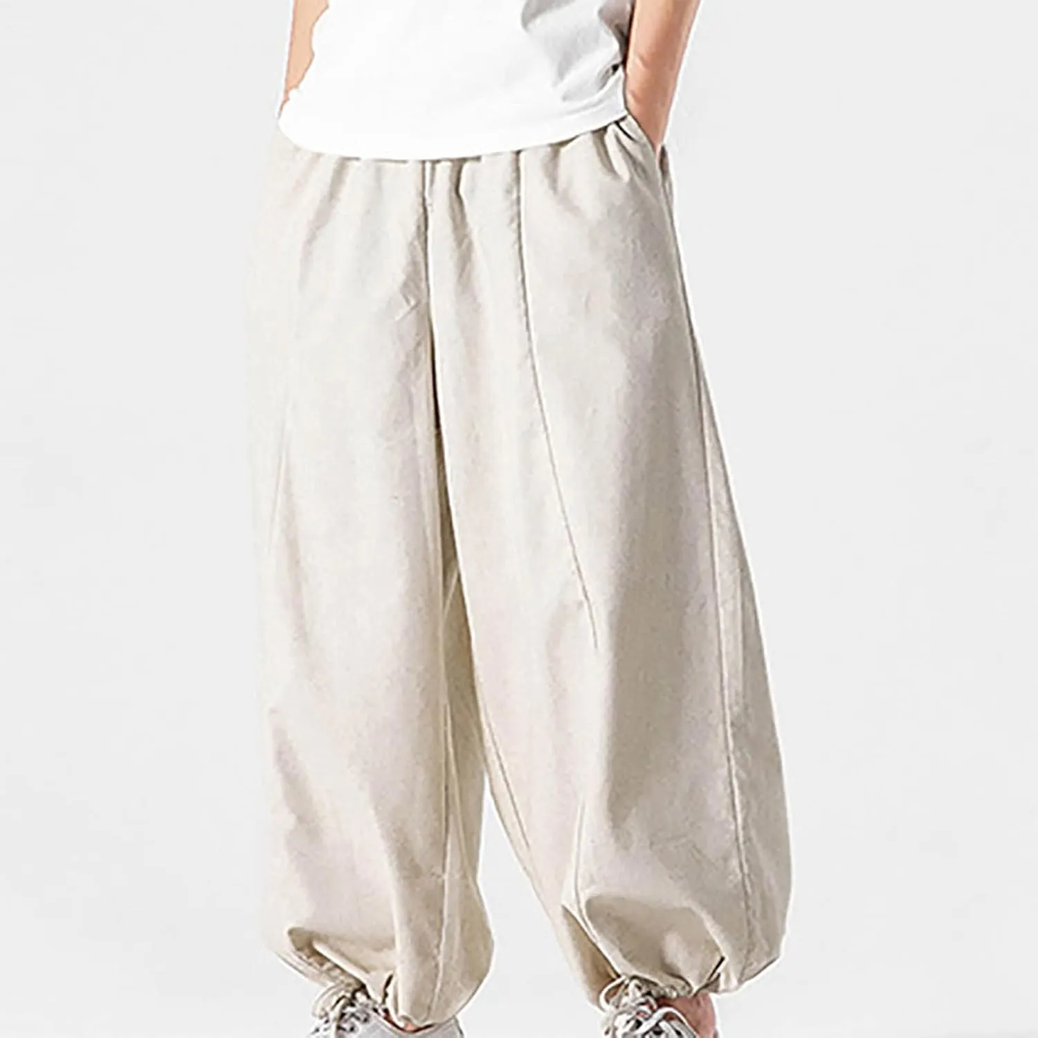 Mens Loose Fit Linen Harem Pants Wide Straight Leg Streetwear Bloomer Pants Summer Beach Yoga Hippie Trousers for Men