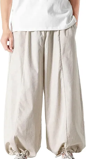 Mens Loose Fit Linen Harem Pants Wide Straight Leg Streetwear Bloomer Pants Summer Beach Yoga Hippie Trousers for Men