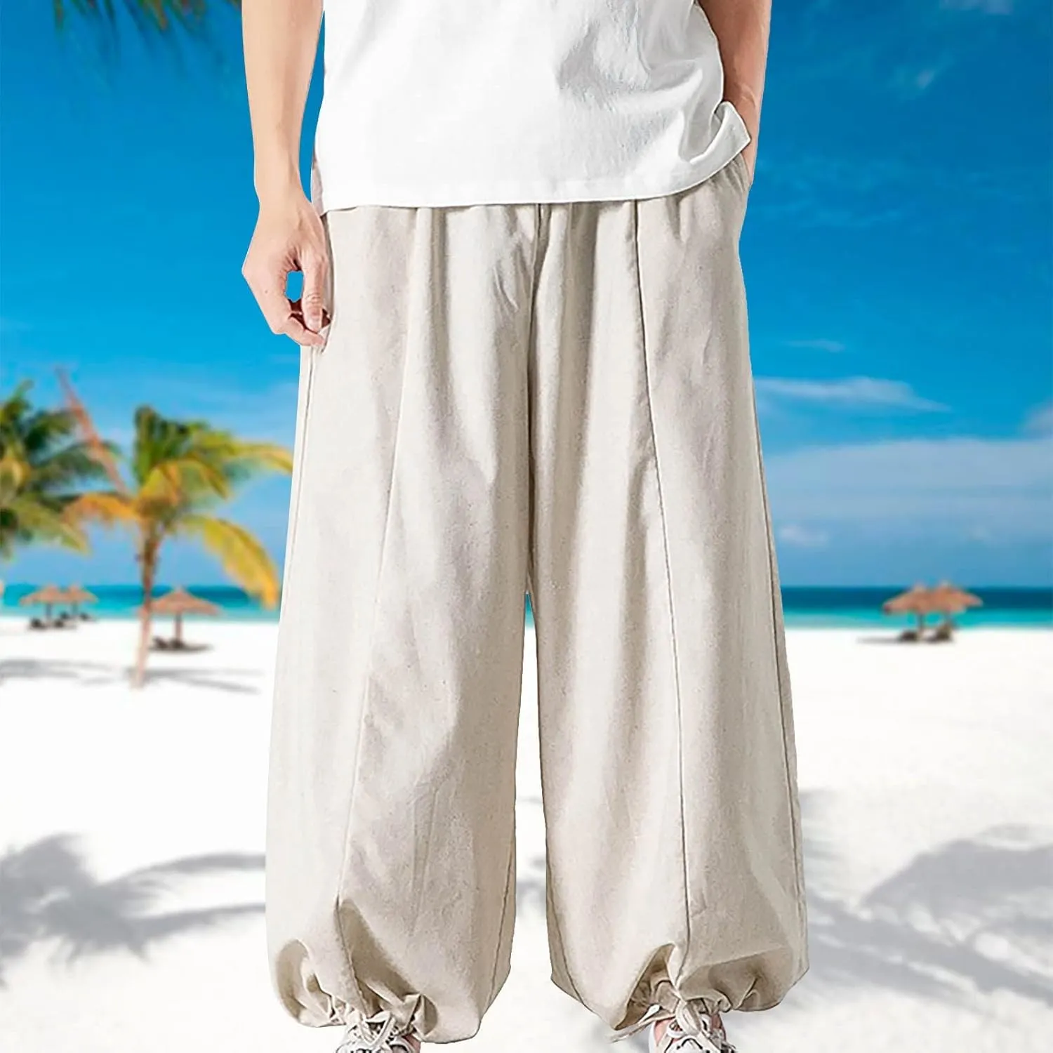 Mens Loose Fit Linen Harem Pants Wide Straight Leg Streetwear Bloomer Pants Summer Beach Yoga Hippie Trousers for Men