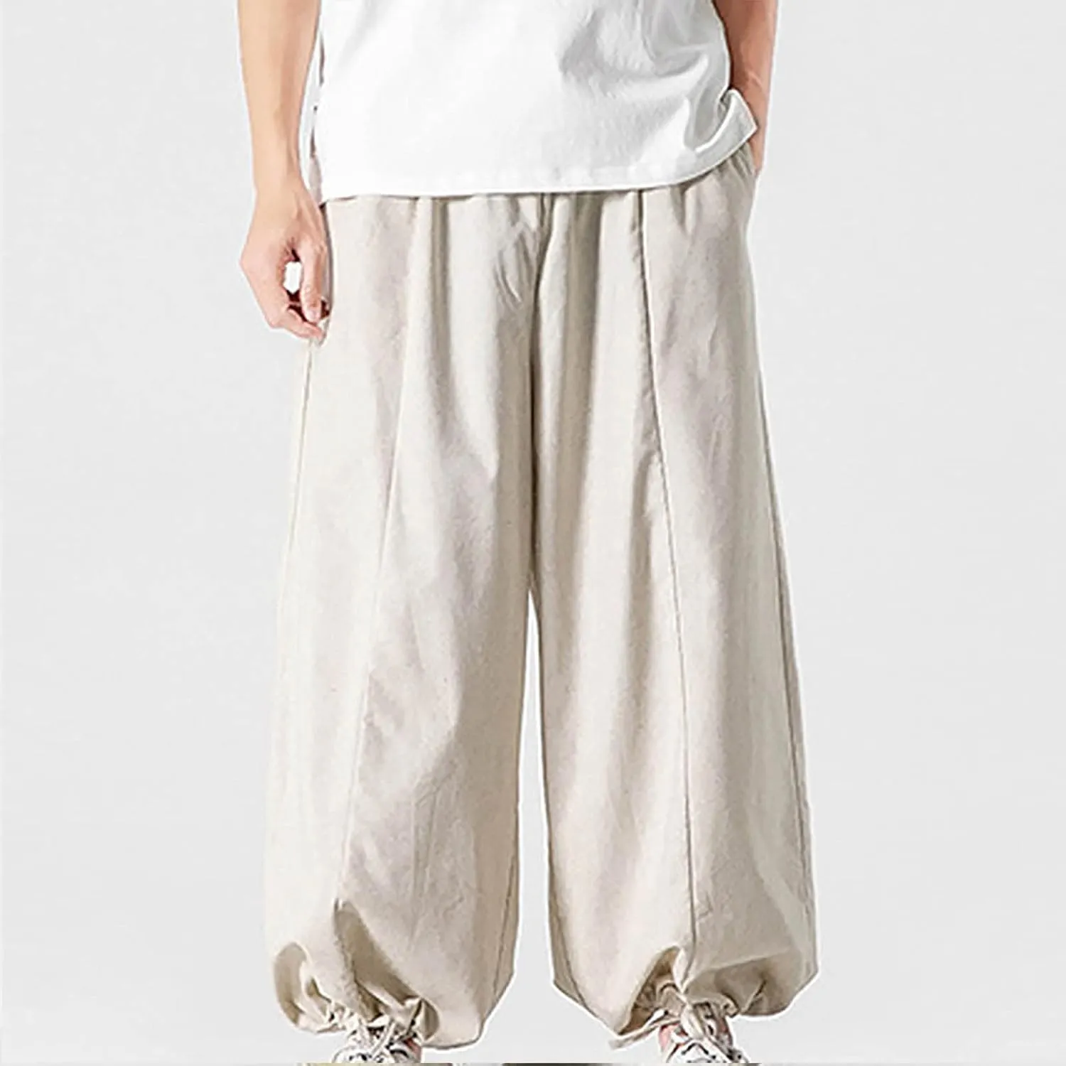 Mens Loose Fit Linen Harem Pants Wide Straight Leg Streetwear Bloomer Pants Summer Beach Yoga Hippie Trousers for Men