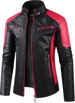 Mens Motorcycle Jacket Stand Collar Faux Leather Racing Jackets Lightweight Color Block Biker Coat