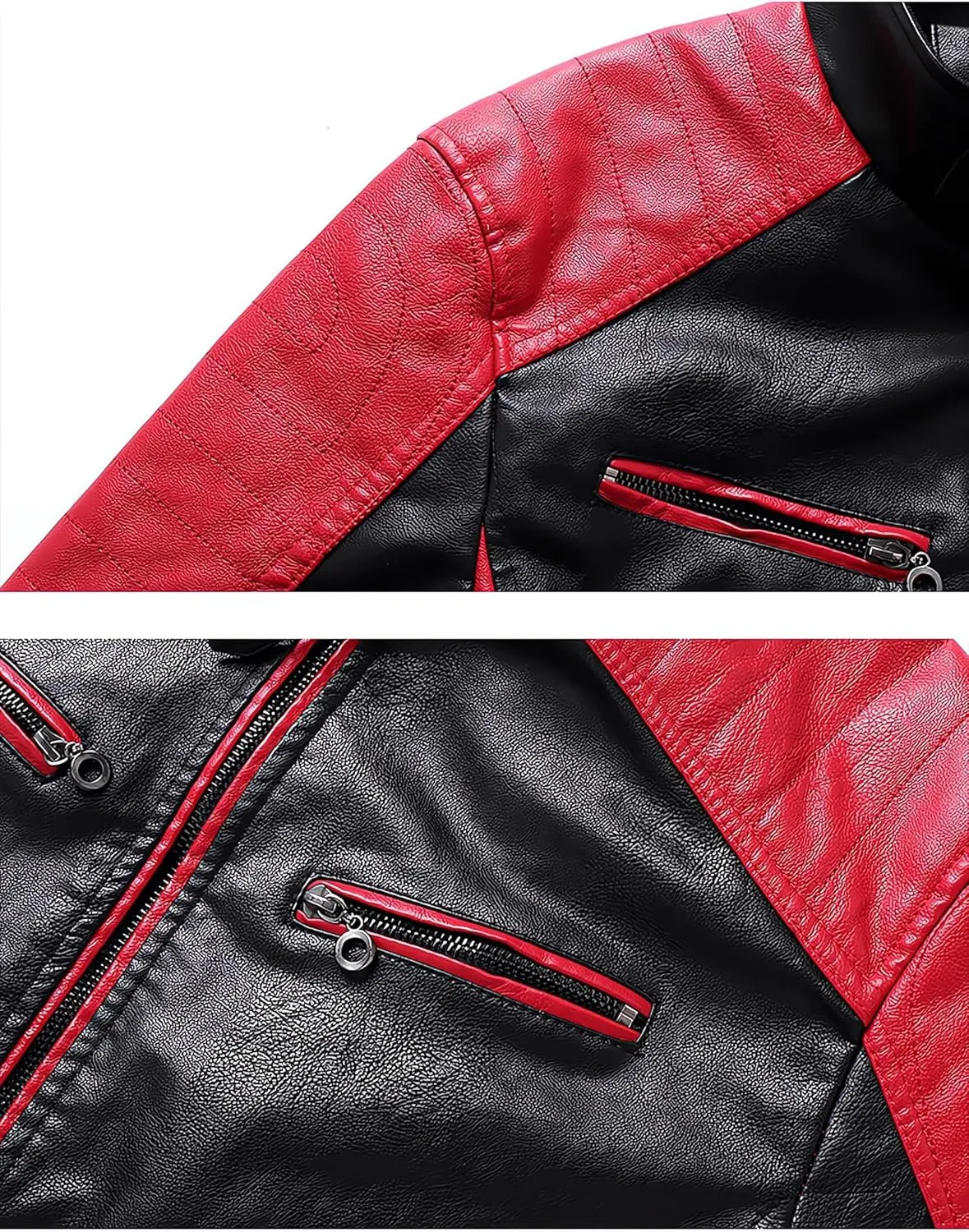 Mens Motorcycle Jacket Stand Collar Faux Leather Racing Jackets Lightweight Color Block Biker Coat