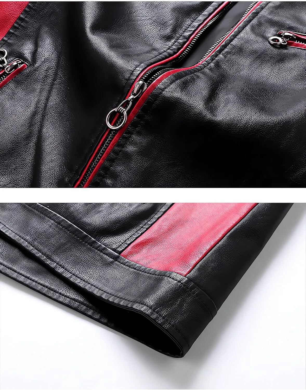 Mens Motorcycle Jacket Stand Collar Faux Leather Racing Jackets Lightweight Color Block Biker Coat