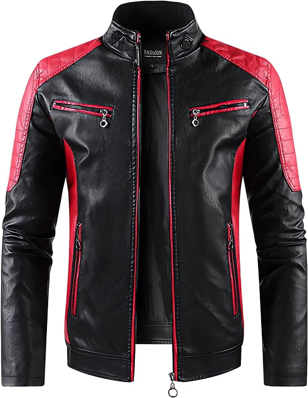Mens Motorcycle Jacket Stand Collar Faux Leather Racing Jackets Lightweight Color Block Biker Coat