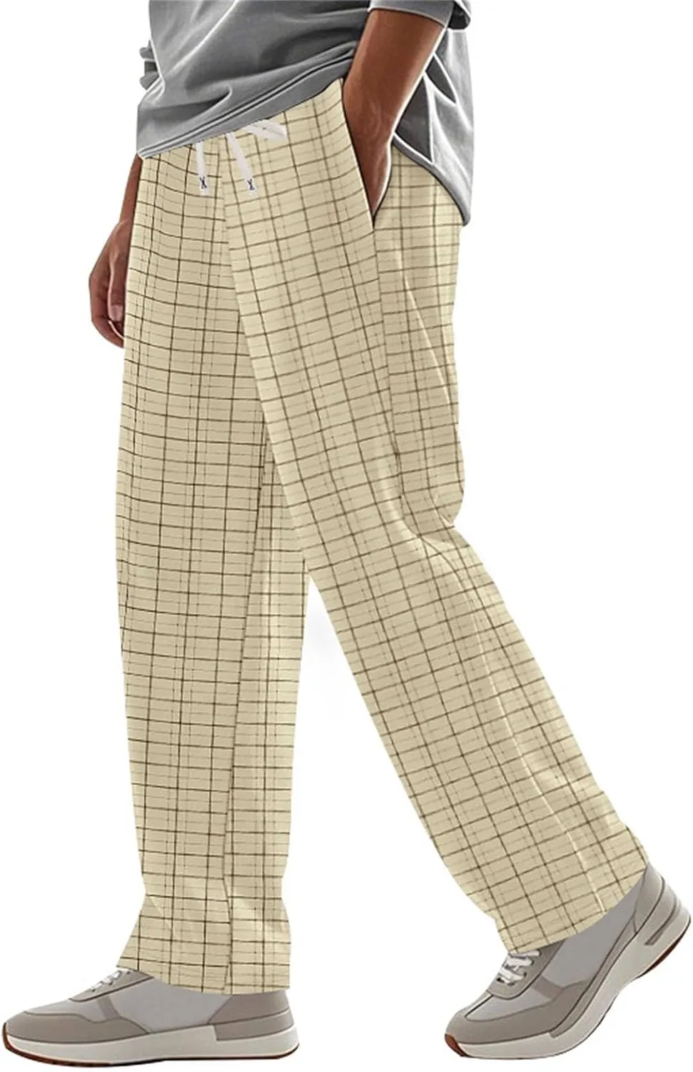 Mens Plaid Pants Straight Leg Casual Pants Open Bottom Fashion Sweatpants Loose Drawstring Waist Trousers for Summer