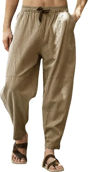 Mens Plus Size Linen Beach Pants Casual Solid Tapered Pant Summer Vacation Trousers Lightweight Drawstring Slacks