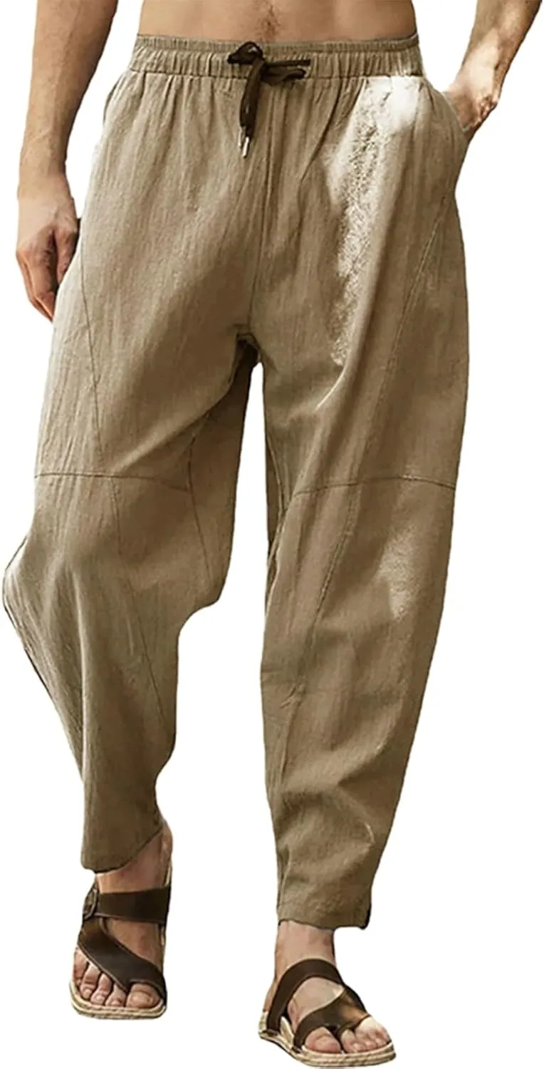 Mens Plus Size Linen Beach Pants Casual Solid Tapered Pant Summer Vacation Trousers Lightweight Drawstring Slacks