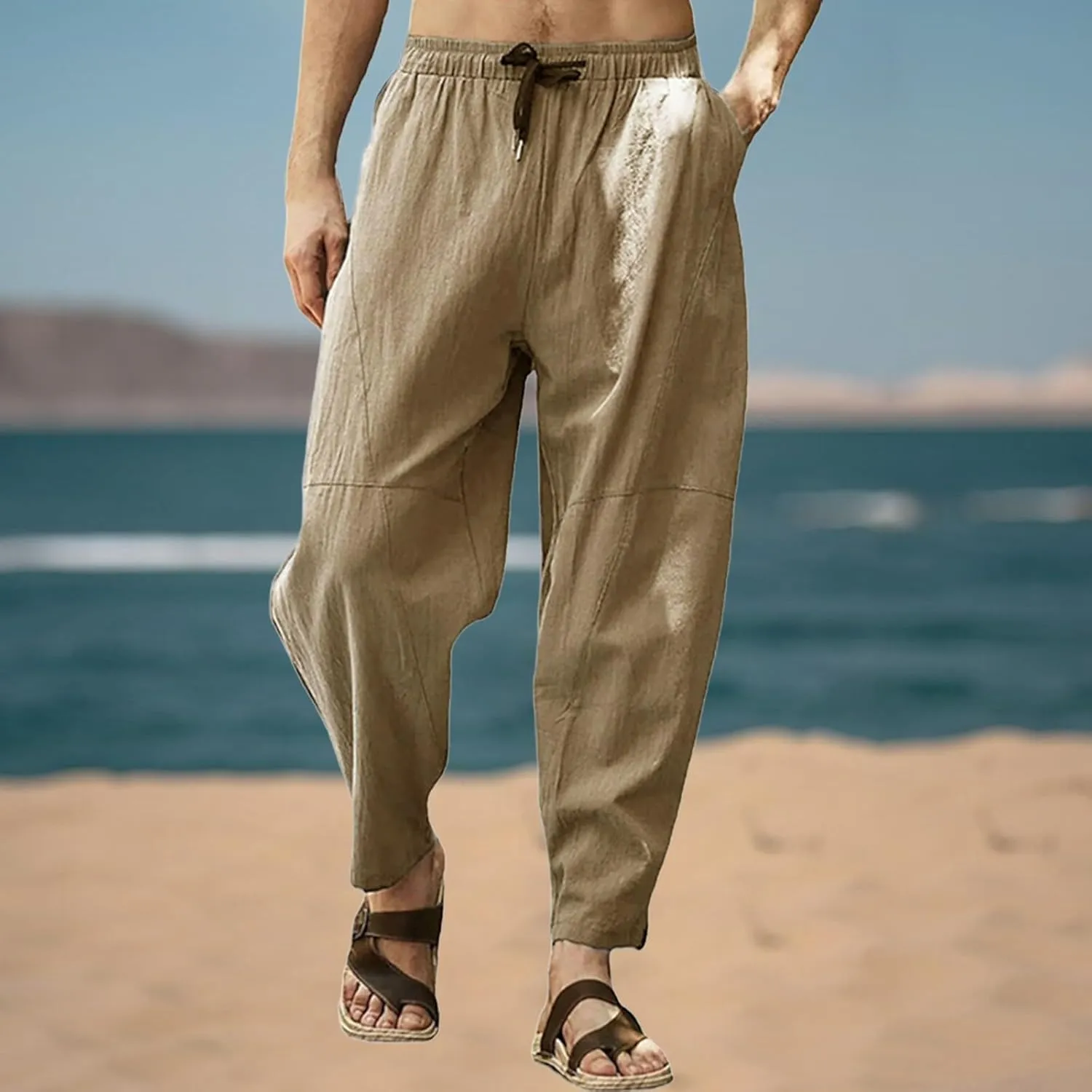 Mens Plus Size Linen Beach Pants Casual Solid Tapered Pant Summer Vacation Trousers Lightweight Drawstring Slacks