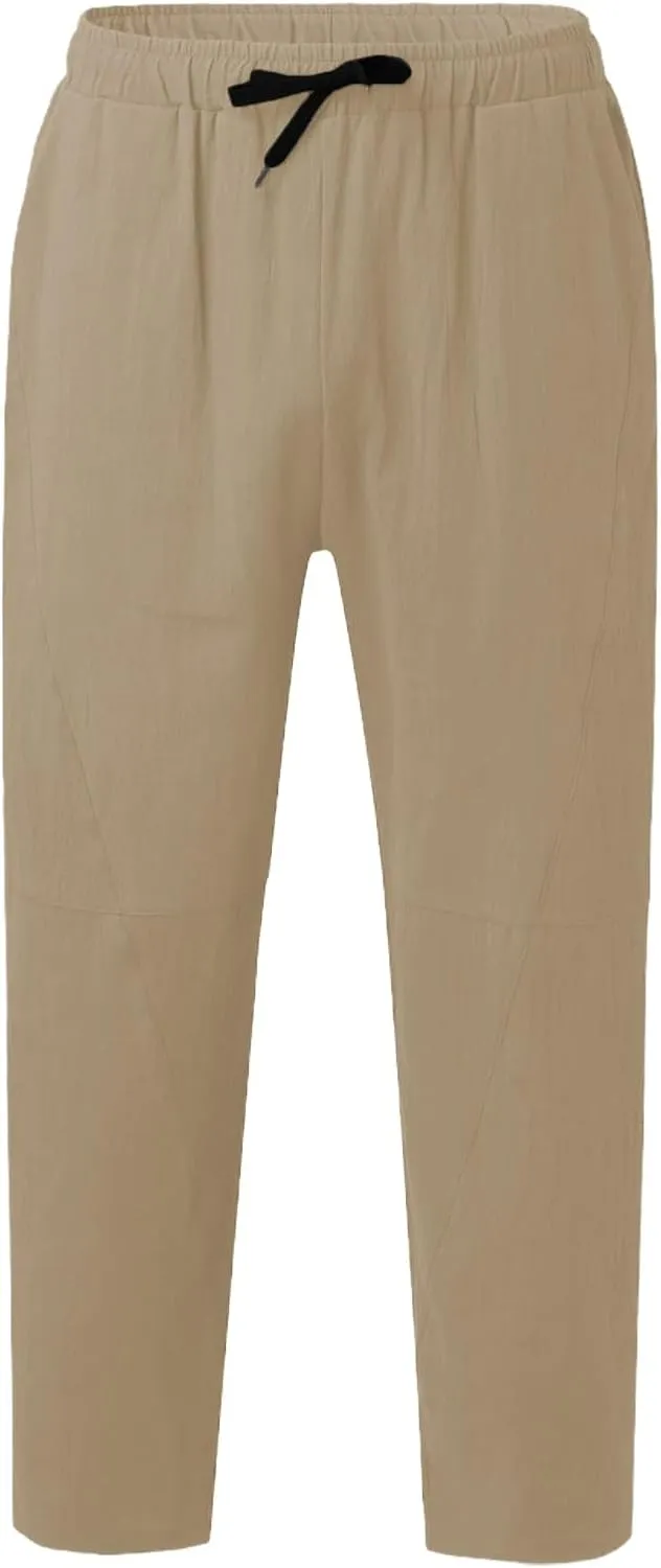 Mens Plus Size Linen Beach Pants Casual Solid Tapered Pant Summer Vacation Trousers Lightweight Drawstring Slacks