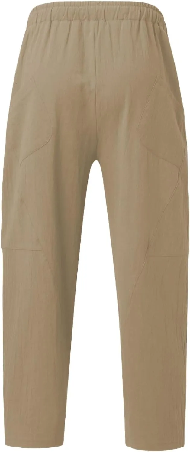 Mens Plus Size Linen Beach Pants Casual Solid Tapered Pant Summer Vacation Trousers Lightweight Drawstring Slacks