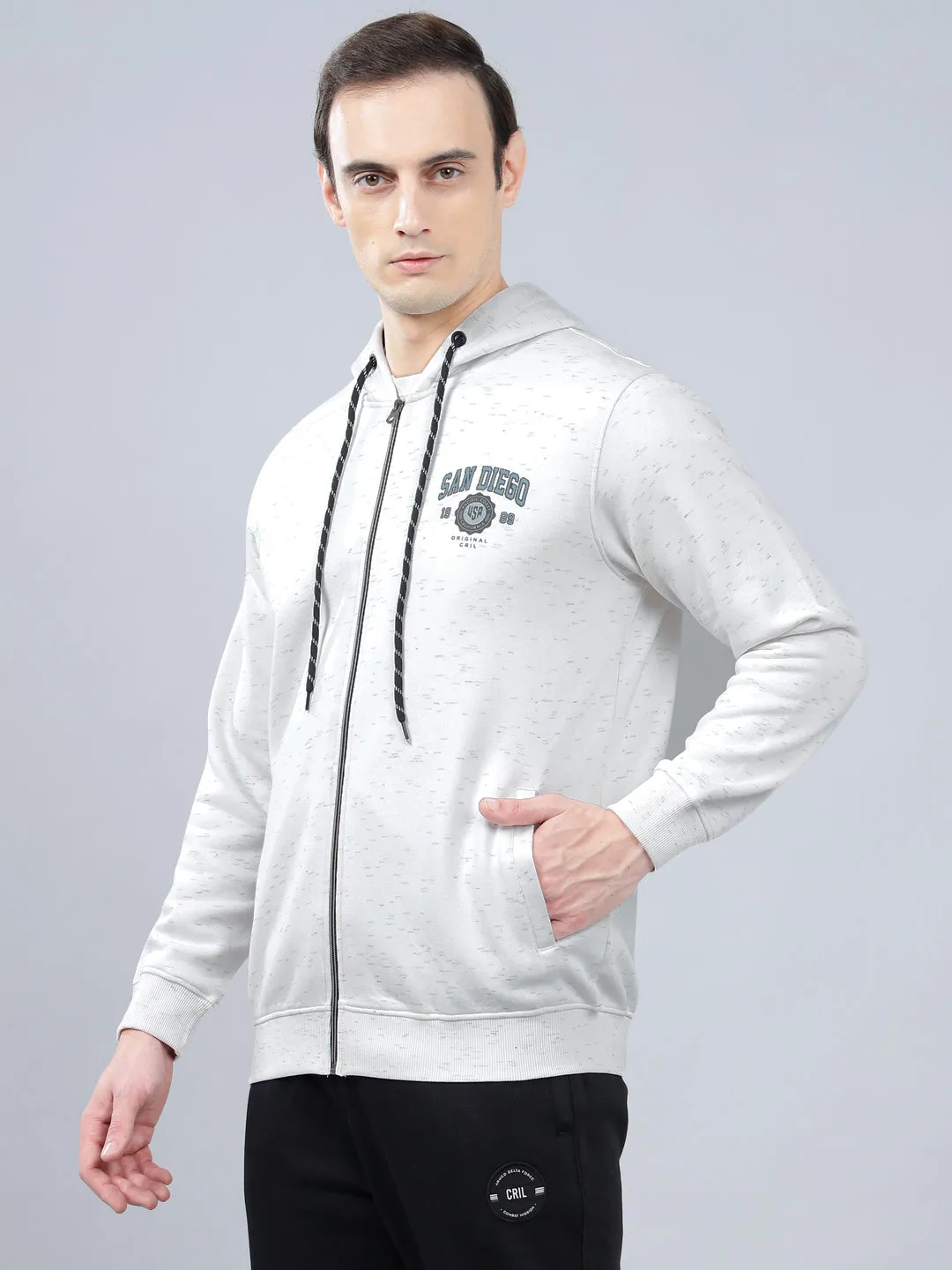 Men's Self Design Off White Hoody Neck Sweatshirt