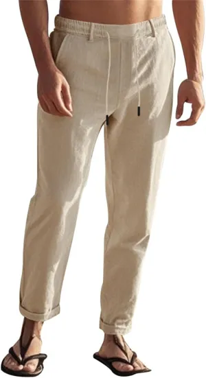 Men's Slim Fit Cotton Linen Pants Elastic Waist Lightweight Lacing Up Casual Pants Yoga Beach Trousers with Pockets