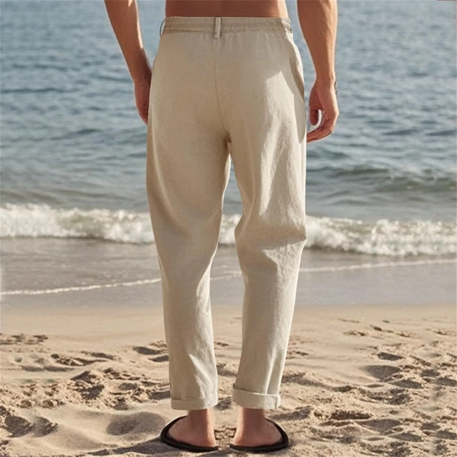 Men's Slim Fit Cotton Linen Pants Elastic Waist Lightweight Lacing Up Casual Pants Yoga Beach Trousers with Pockets