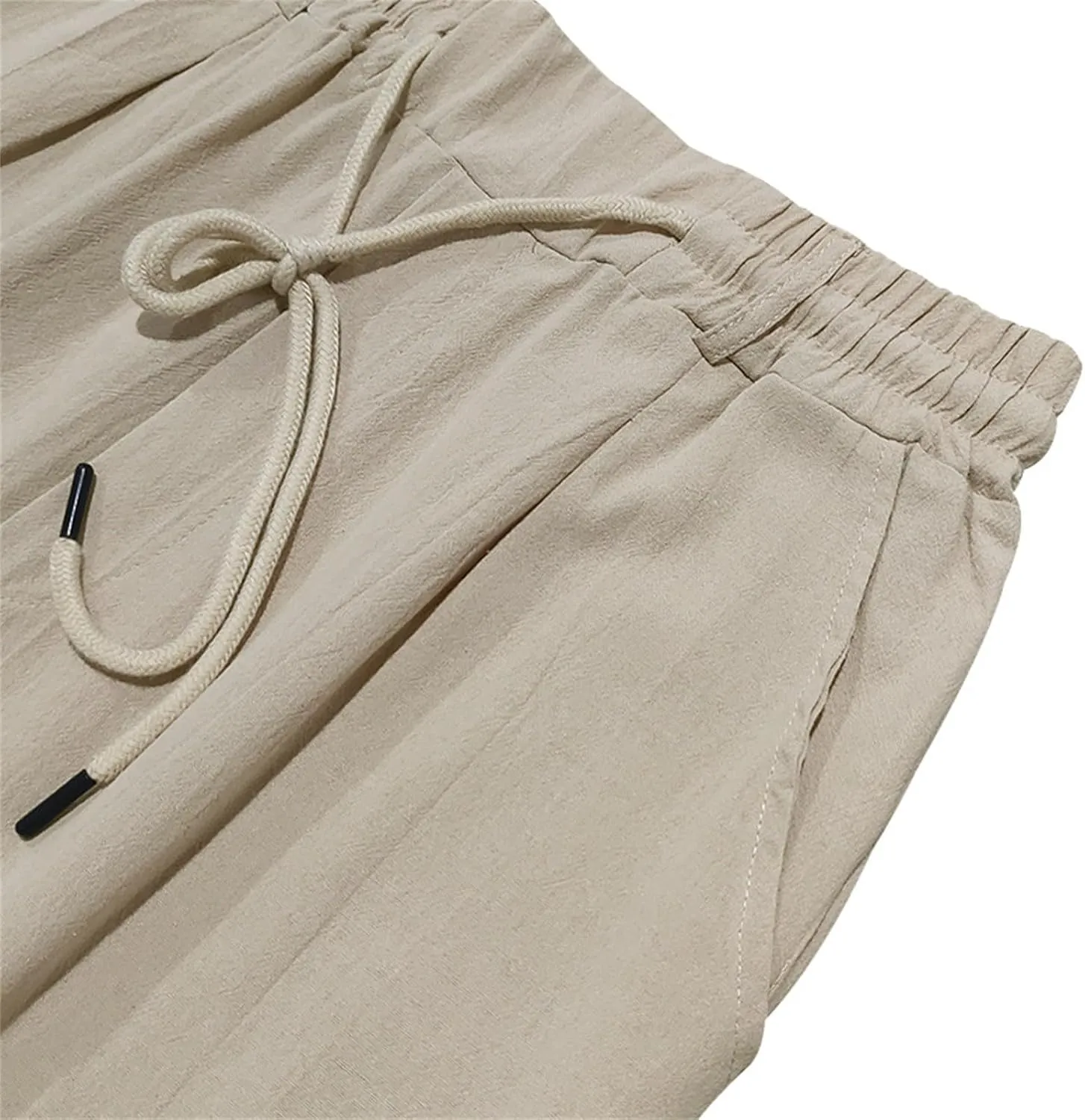 Men's Slim Fit Cotton Linen Pants Elastic Waist Lightweight Lacing Up Casual Pants Yoga Beach Trousers with Pockets
