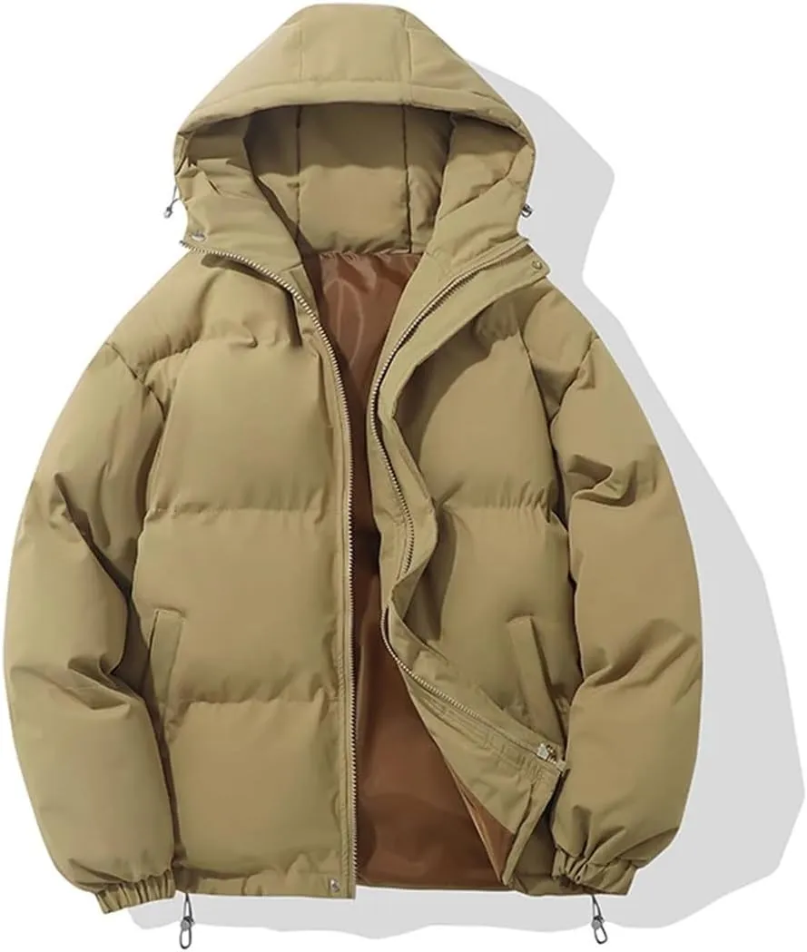 Mens Winter Warm Fashion Harajuku Puffer Jacket High Neck Hooded Zipper Design Cotton-Padded Coat