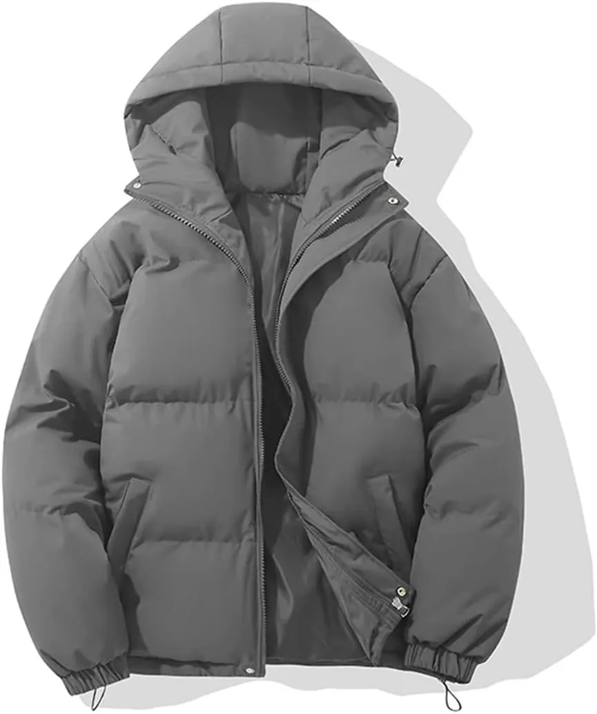 Mens Winter Warm Fashion Harajuku Puffer Jacket High Neck Hooded Zipper Design Cotton-Padded Coat
