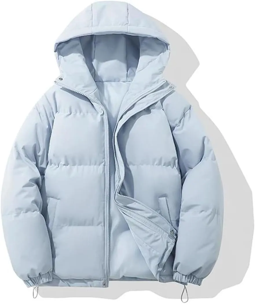 Mens Winter Warm Fashion Harajuku Puffer Jacket High Neck Hooded Zipper Design Cotton-Padded Coat