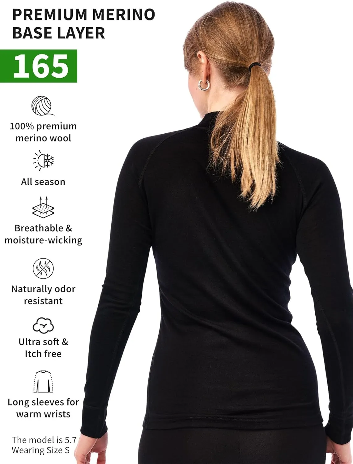 Merino Wool Base Layer Women - 100% Merino Half Zip Sweater Women Lite, Midweight, Heavyweight Thermal Shirts and Socks