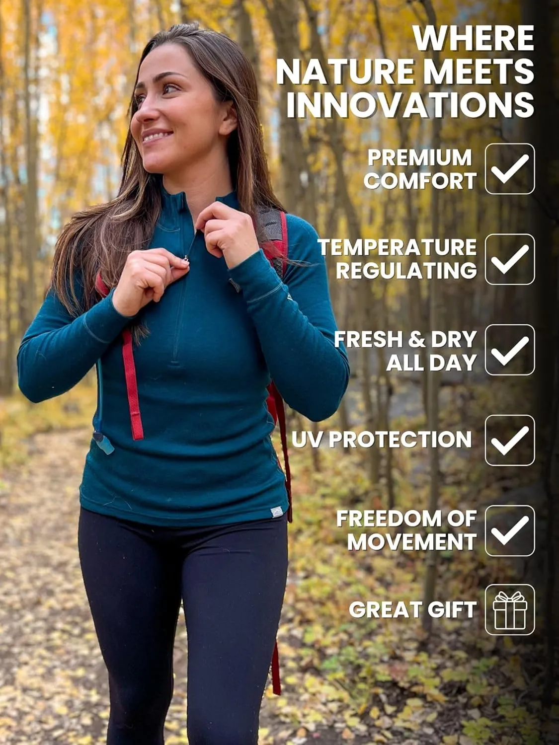Merino Wool Base Layer Women - 100% Merino Half Zip Sweater Women Lite, Midweight, Heavyweight Thermal Shirts and Socks
