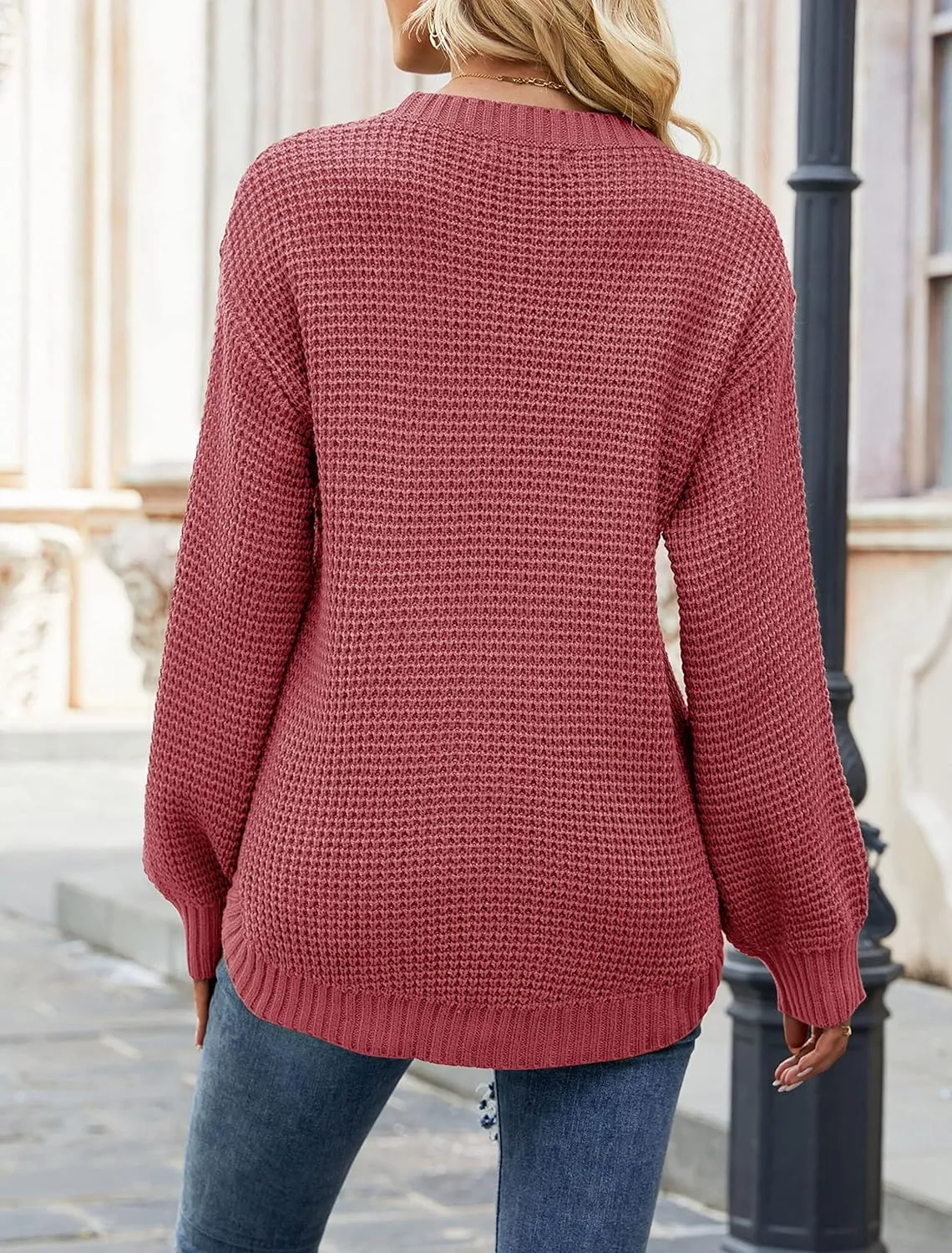 MEROKEETY Women's 2024 Fall Casual Fall Waffle Knit Sweater Long Balloon Sleeve Loose Pullover Jumper
