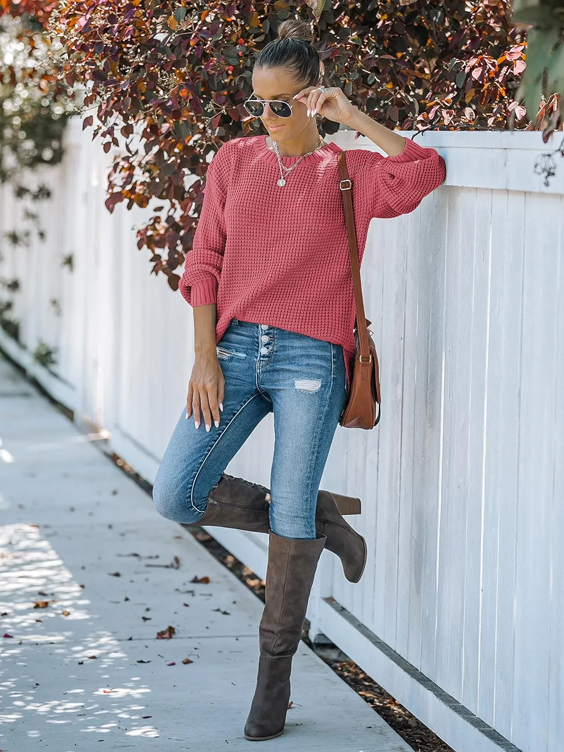 MEROKEETY Women's 2024 Fall Casual Fall Waffle Knit Sweater Long Balloon Sleeve Loose Pullover Jumper