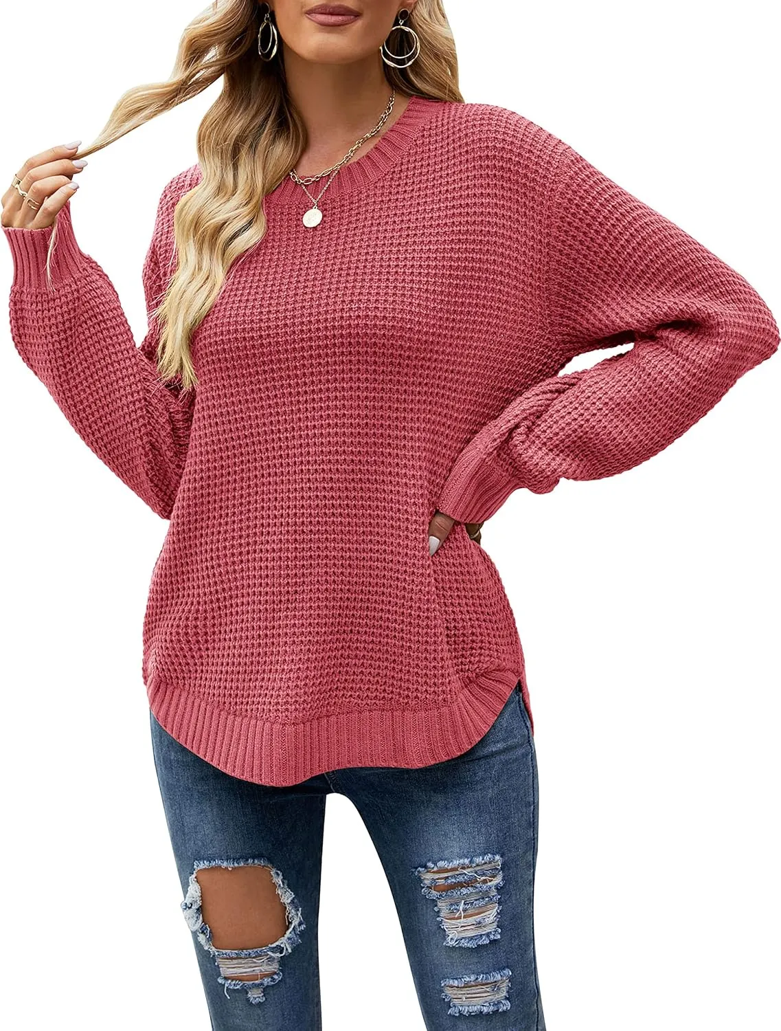 MEROKEETY Women's 2024 Fall Casual Fall Waffle Knit Sweater Long Balloon Sleeve Loose Pullover Jumper