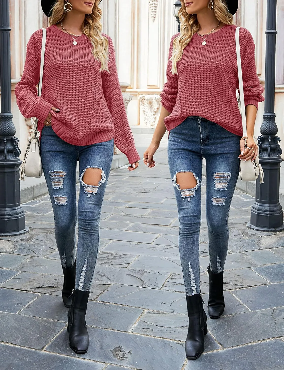 MEROKEETY Women's 2024 Fall Casual Fall Waffle Knit Sweater Long Balloon Sleeve Loose Pullover Jumper